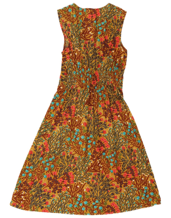 Vintage Kvinders Ærmeløs A-Line Kjole UK 10 Small Khaki Floral Bomuld