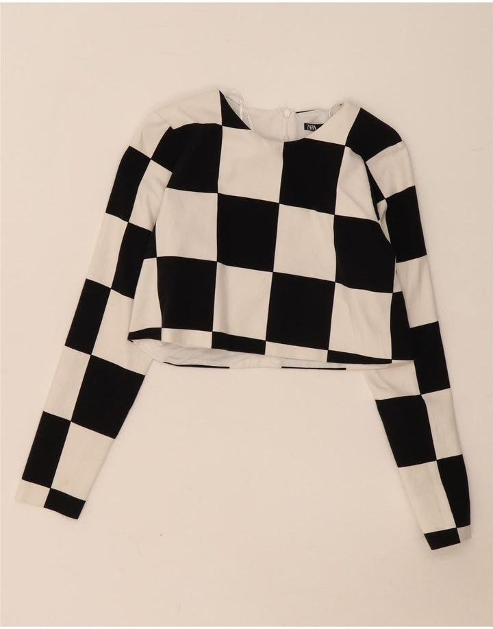 Zara Dame Crop Top Langærmet UK 12 Medium Sort Geometrisk Bomuld