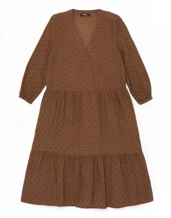 Zara Dame Langærmet Tiered Kjole UK 14 Medium Brun Plettet