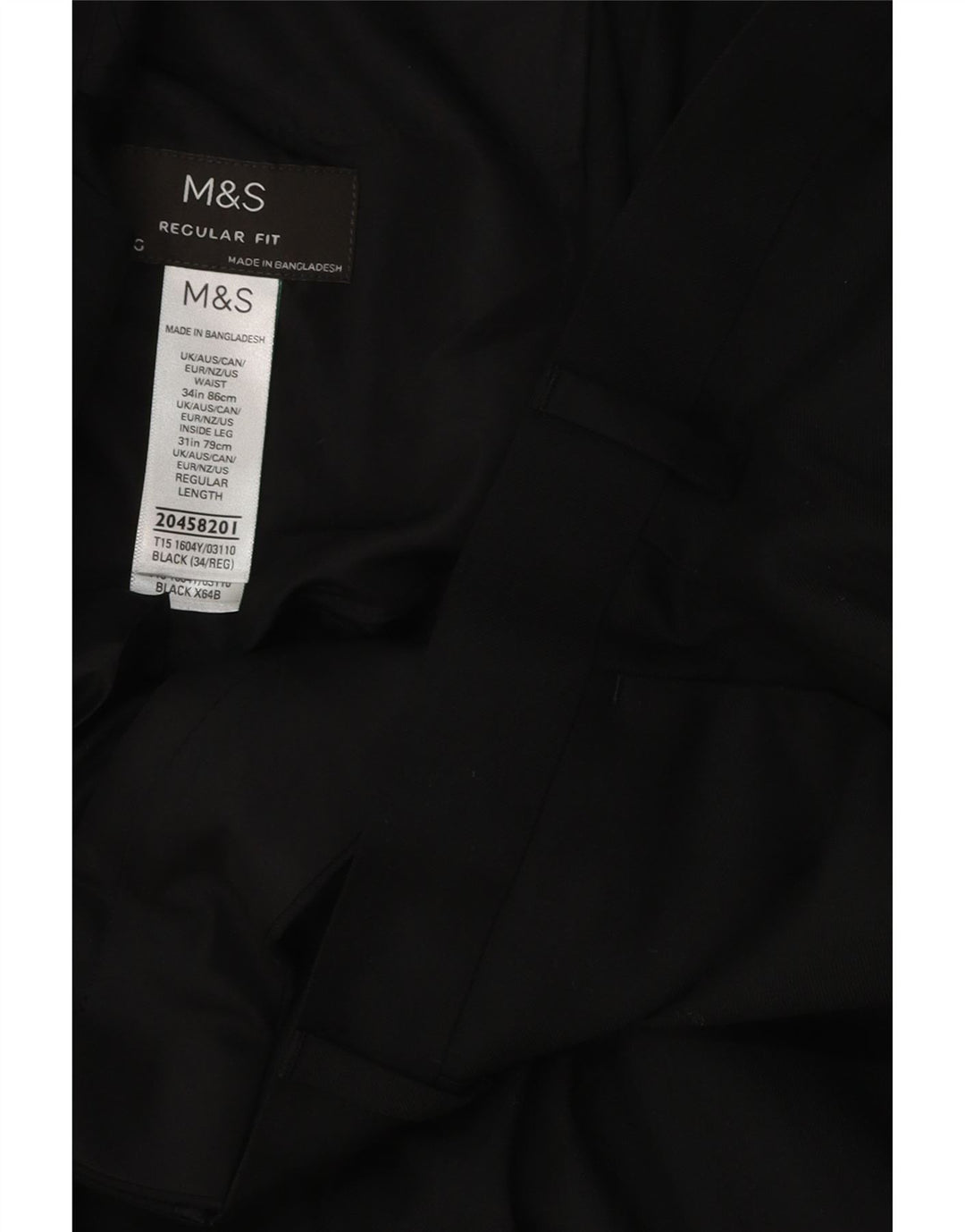 Marks & Spencer Herre Regular Fit Suit Bukser W34 L31 Sort polyester