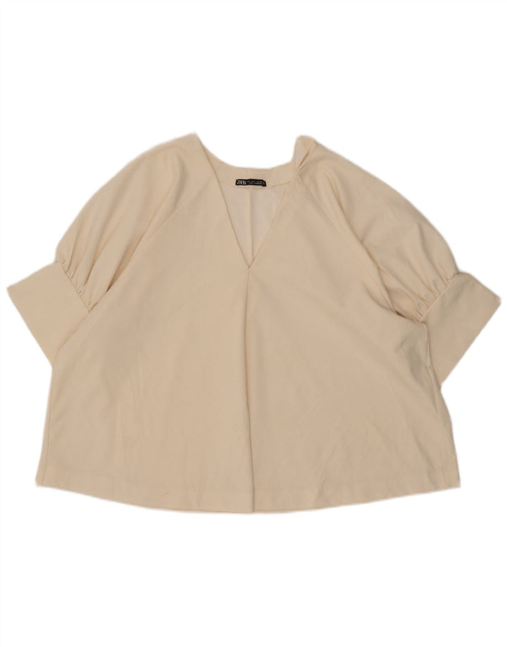 Zara Dame 3/4 ærmet oversize bluse Top UK 16 Large Beige