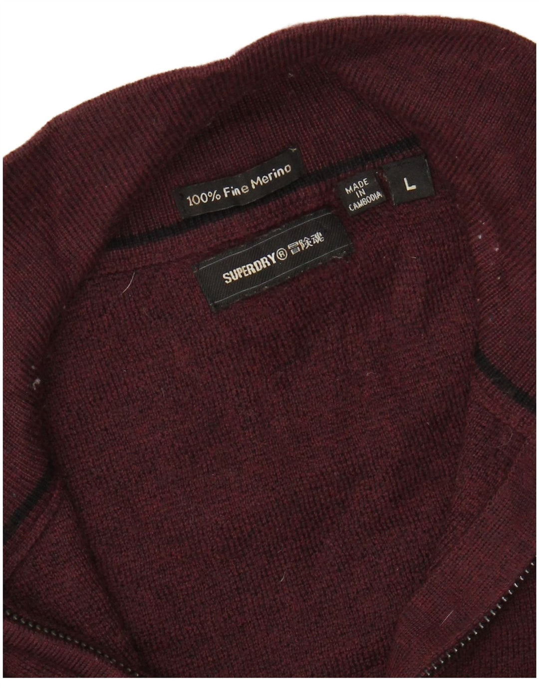 SUPERDRY Dame sweater med lynlås-hals UK 16 Large Burgundy Merino Wool