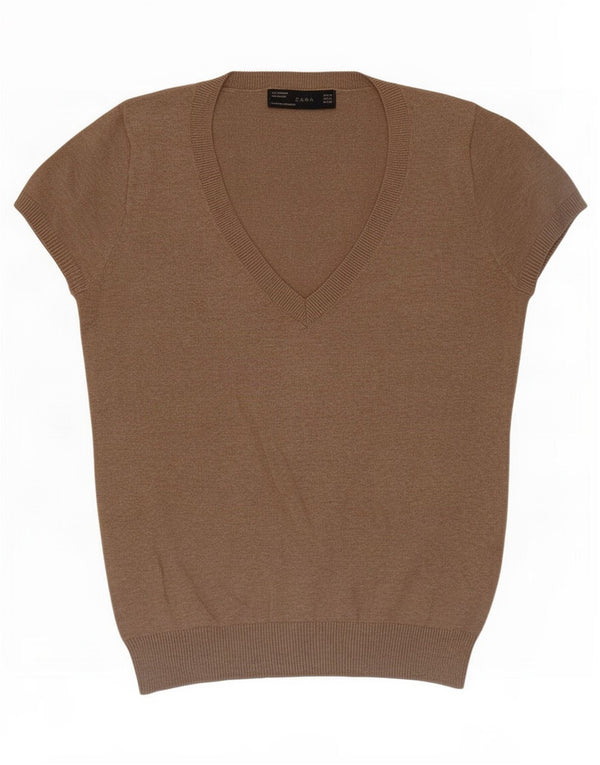Zara Dame Kortærmet V-hals Jumper Sweater UK 12 Medium Brun Bomuld