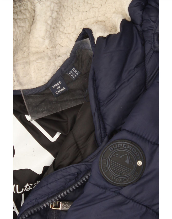 SUPERDRY Womens Hooded Padded Coat UK 14 Large Navy Blue Nylon