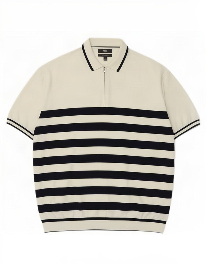 Marks & Spencer Herre Polo Neck Jumper Sweater 2XL Hvid Stribet