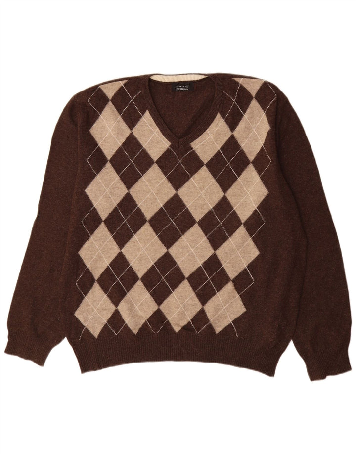 Zara Herre V-Hals Trøje Sweater Large Brun Argyle/Rombe Uld