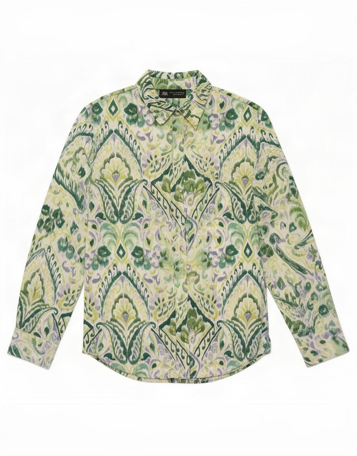 Zara Dame Oversized Shirt UK 10 Small Green Paisley Polyester