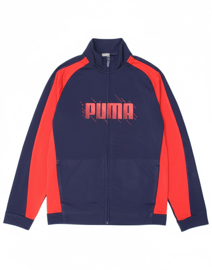 PUMA Boys Graphic Tracksuit Top Jacket 13-14 Years Navy Blue Colourblock