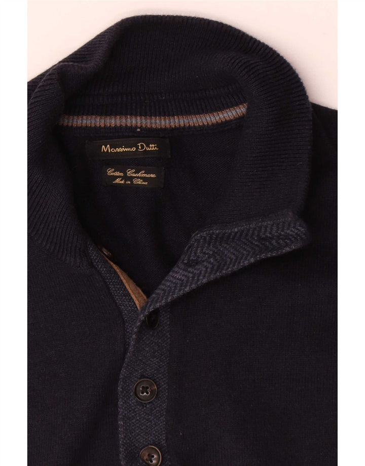 Massimo Dutti Herre Button Neck Jumper Sweater Stor Marineblå Bomuld