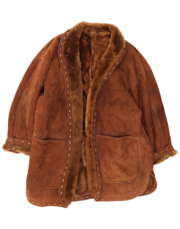 Vintage Womens Open Shearling Jacket UK 18 XL Brown