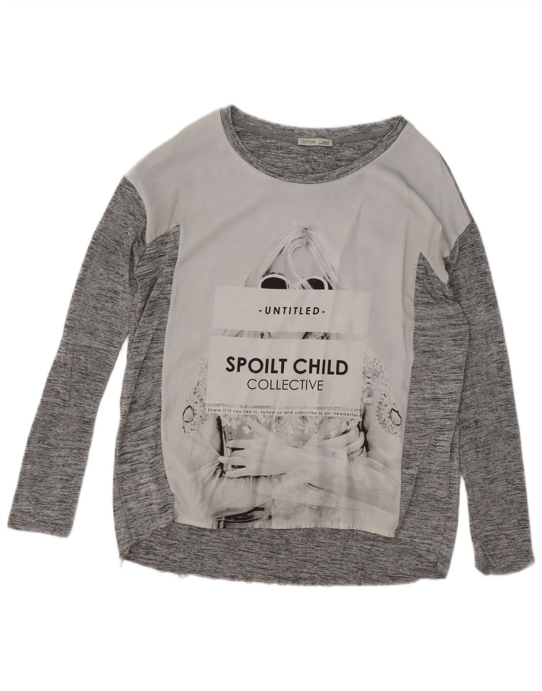 ZARA Womens Oversized Graphic Top Long Sleeve UK 10 Small Grey Colourblock