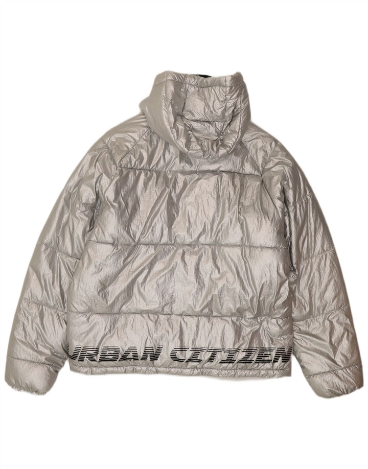 Zara Dame Oversized grafisk hættepolstret jakke EU 38 Small Silver Nylon