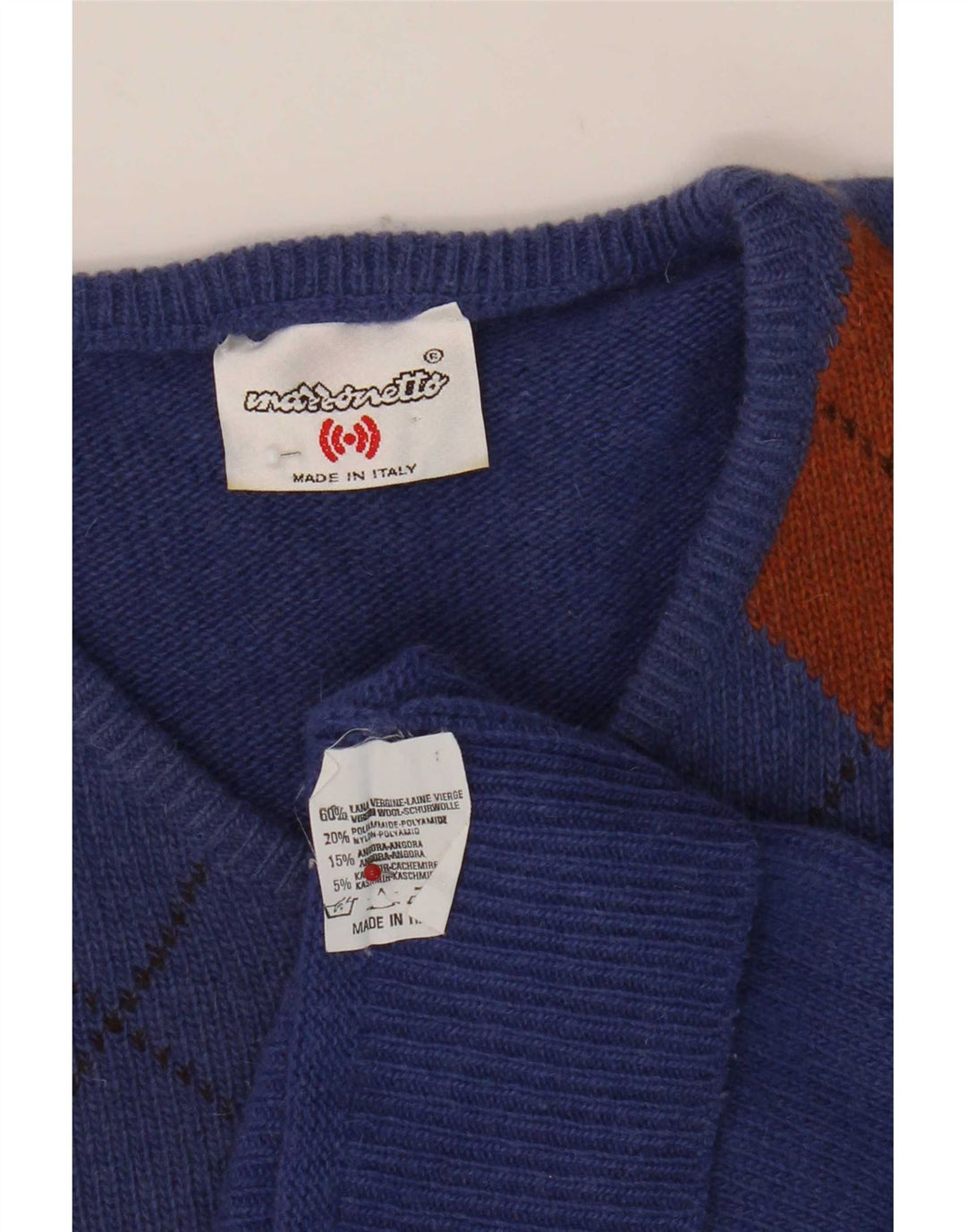 Mazzonetto Dame V-hals sweater UK 12 Medium Blue Argyle/Diamond
