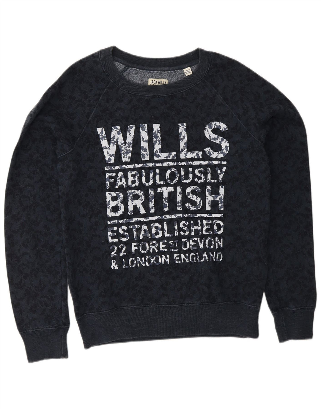 JACK WILLS Dame Grafisk Sweatshirt Jumper UK 8 Small Navy Blue Floral