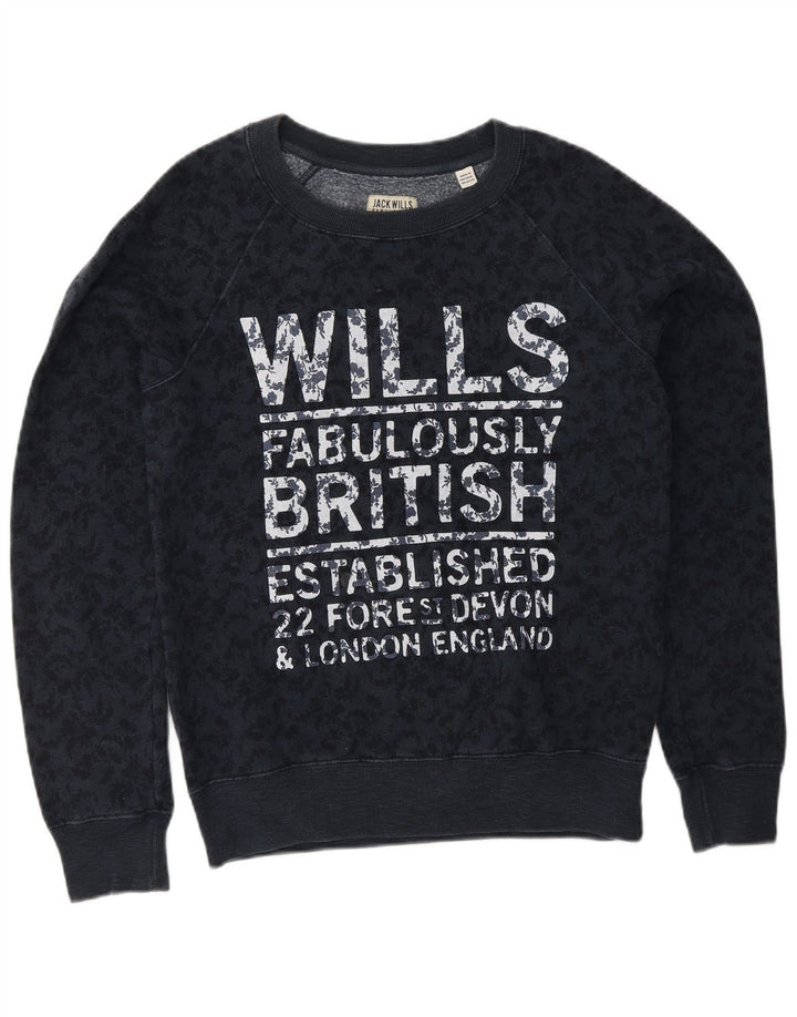 JACK WILLS Dame Grafisk Sweatshirt Jumper UK 8 Small Navy Blue Floral