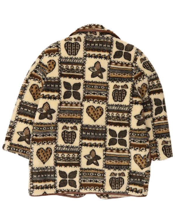 Vintage Kvinders grafisk fleece Duffle Coat UK 14 Large Beige Patchwork