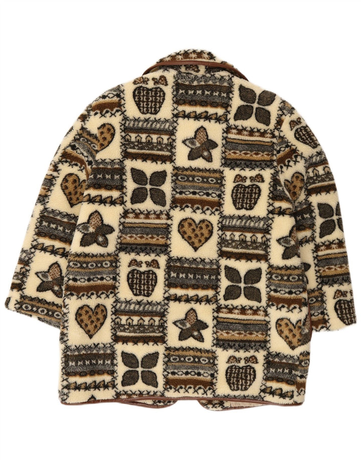 Vintage Kvinders grafisk fleece Duffle Coat UK 14 Large Beige Patchwork