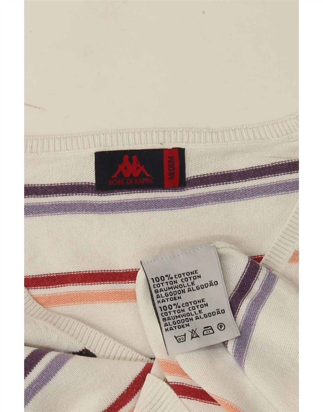 Kappa Dame V-hals sweater UK 14 Medium hvid stribet bomuld