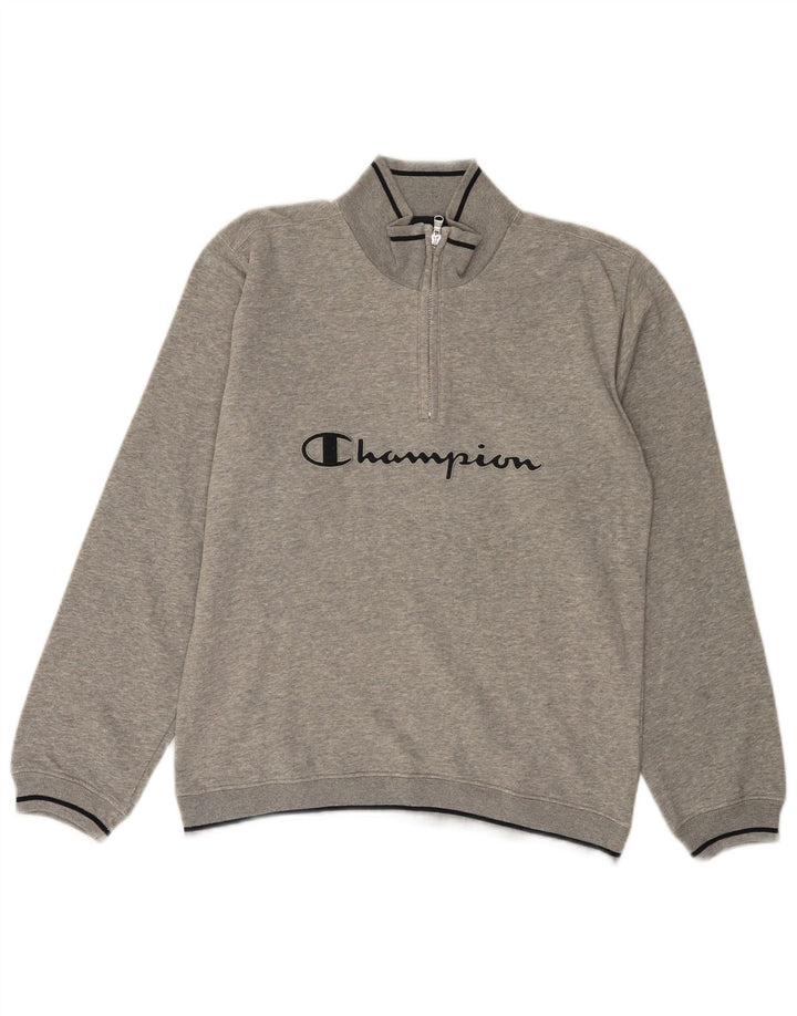 CHAMPION Herre Grafisk Zip Neck Sweatshirt Jumper lille grå bomuld