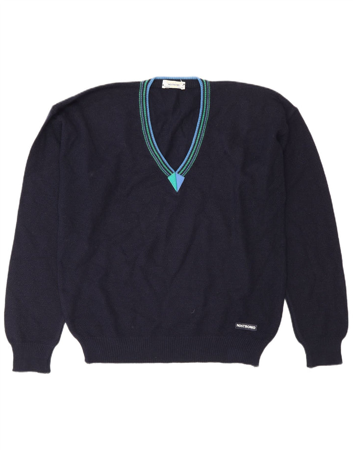Vintage Herre V-hals sweater IT 50 Medium Marineblå Uld