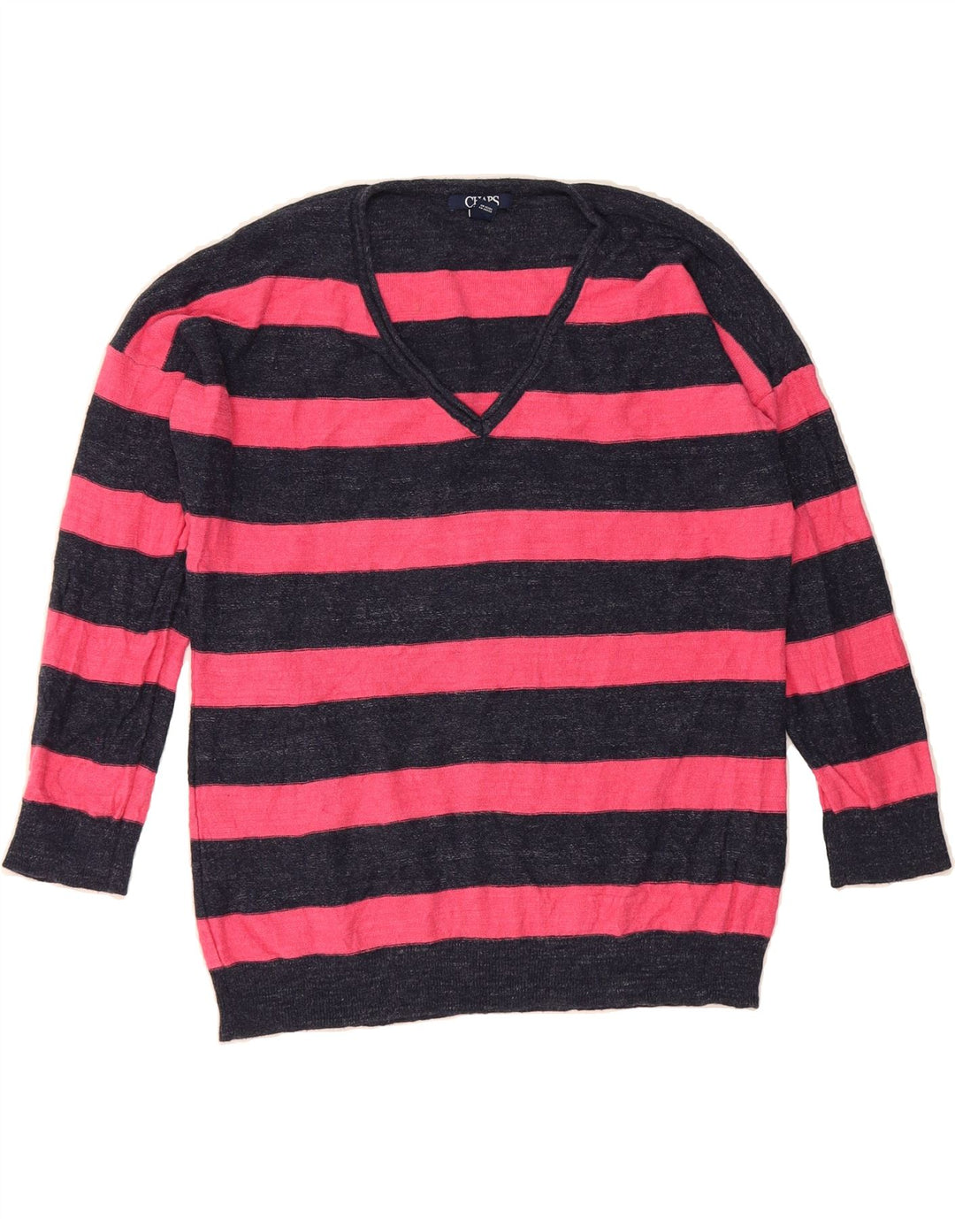 CHAPS Womens 3/4 Sleeve V-Neck Jumper Sweater UK 14 Medium Pink Striped Vintage Chaps and Second-Hand Chaps from Messina Hembry 
