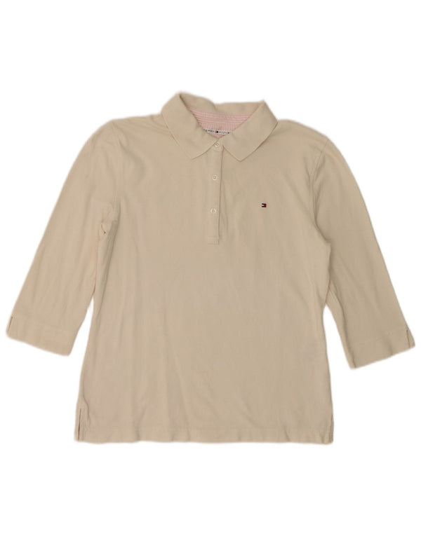 Tommy Hilfiger dame poloshirt med 3/4 ærmer UK 10 Lille råhvid bomuld