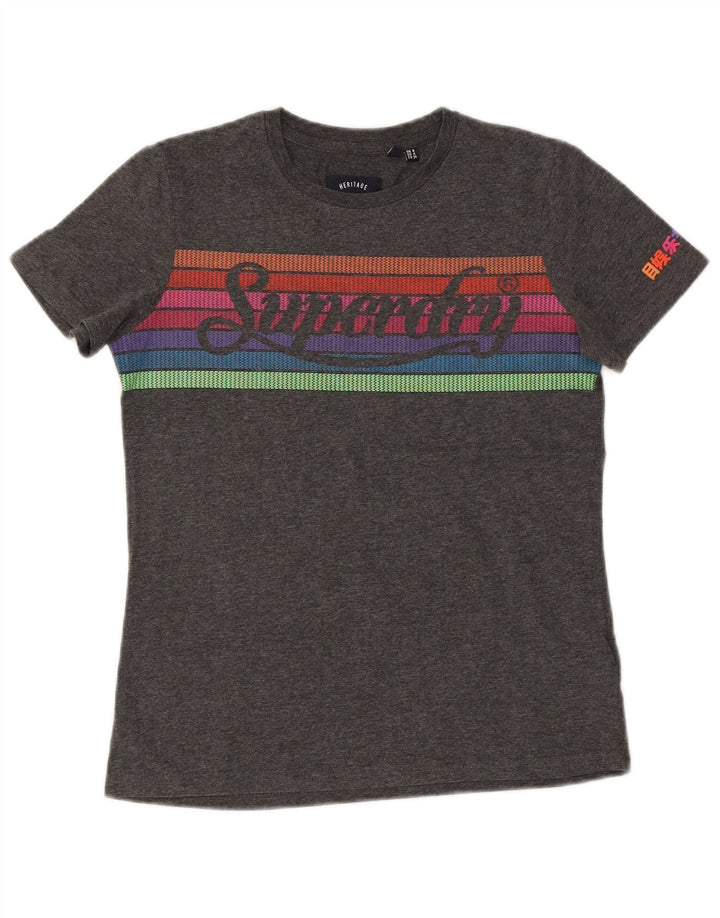 SUPERDRY Womens Heritage Grafisk T-Shirt Top UK 8 Small Grey Bomuld