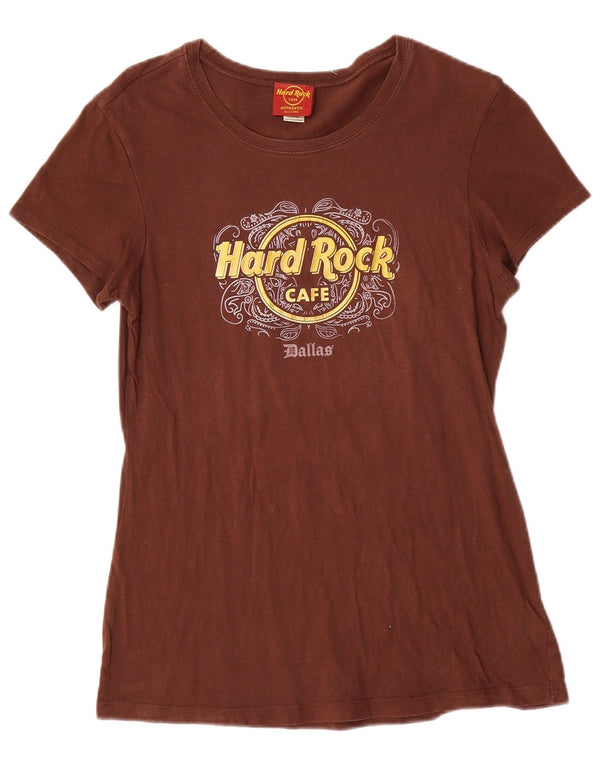 Hard Rock Cafe Dame Dallas Grafisk T-Shirt Top UK 14 Stor Brun Bomuld