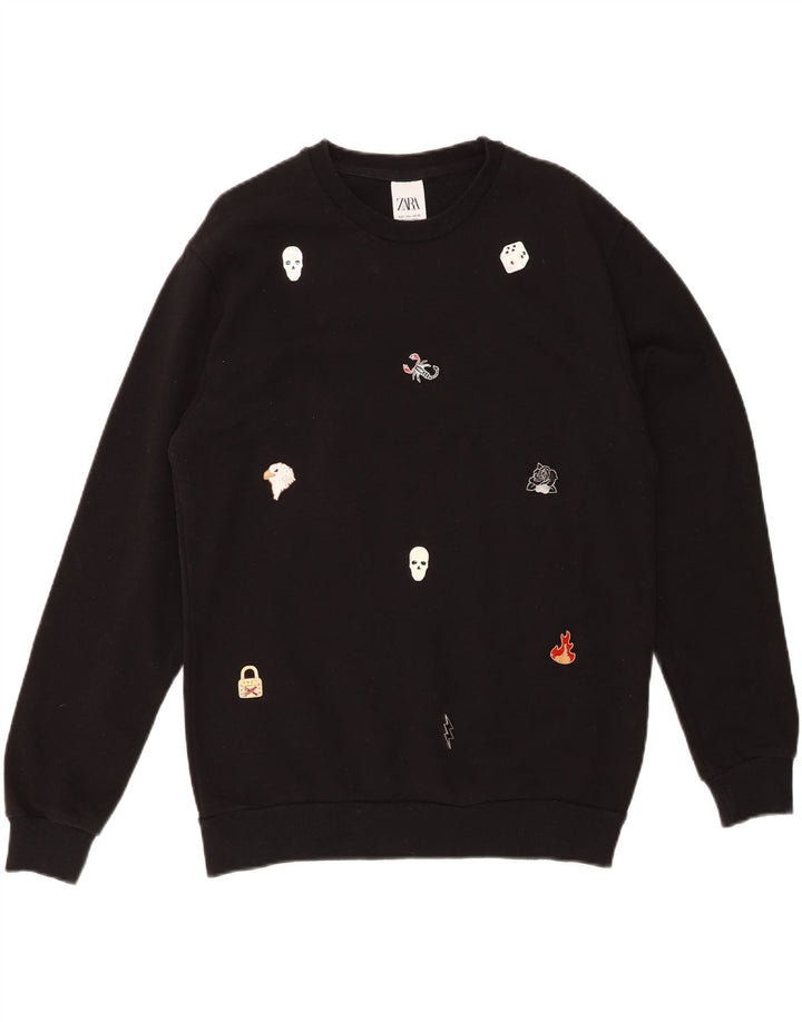 ZARA Womens Graphic Sweatshirt Jumper UK 16 Large Black Cotton Vintage Zara and Second-Hand Zara from Messina Hembry 