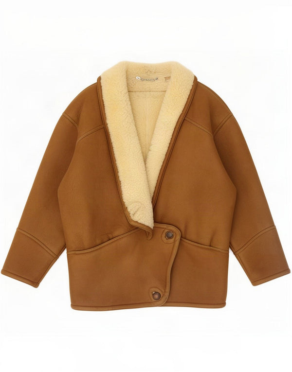 Vintage Womens Oversized Shearling Jacket UK 14 Medium Brown Colourblock