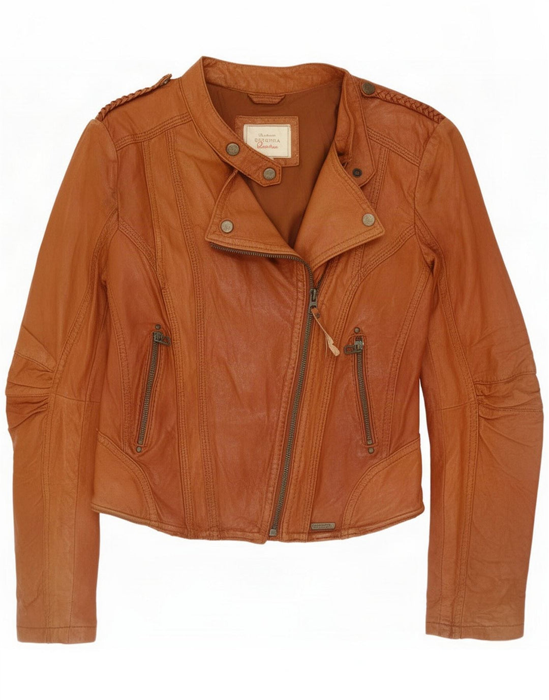 Bershka Dame Læder Biker Jacket UK 10 Lille Brun