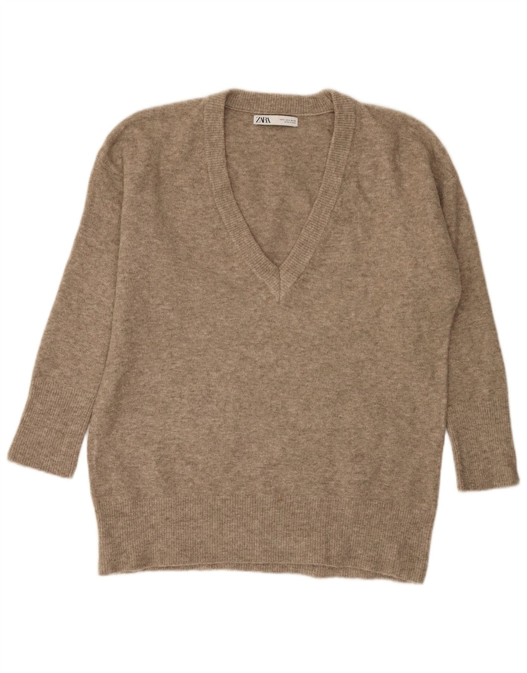Zara Dame Oversized V-hals sweater UK 10 Small Beige Flecked