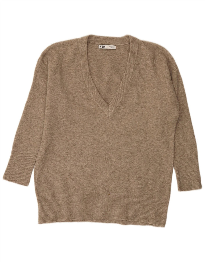Zara Dame Oversized V-hals sweater UK 10 Small Beige Flecked