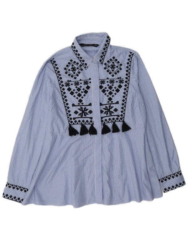 Zara skjortebluse til kvinder UK 14 Medium Blue Pinstripe Polyester