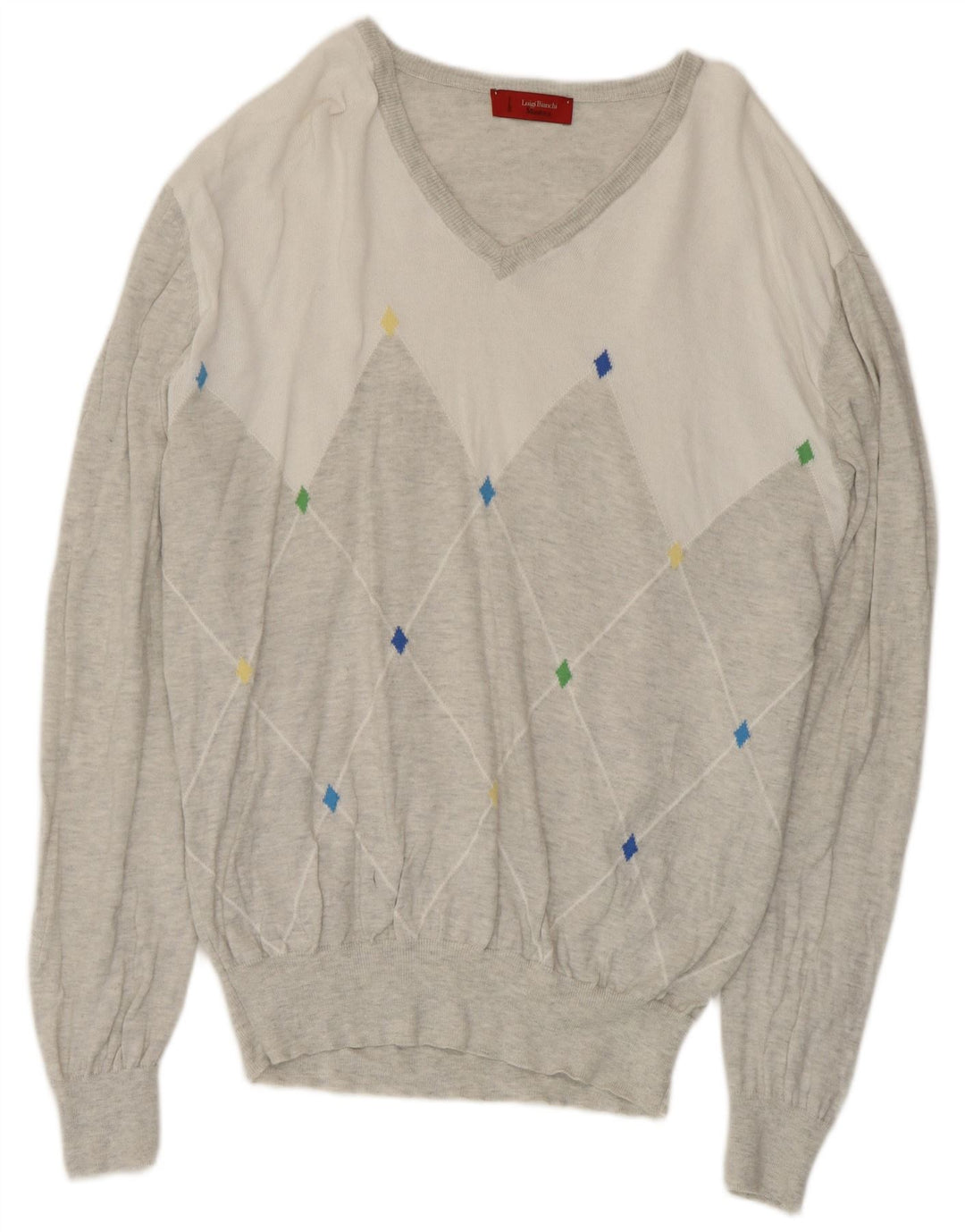 Luigi Bianchi Herre V-hals sweater Medium Grey Argyle/Diamond Bomuld