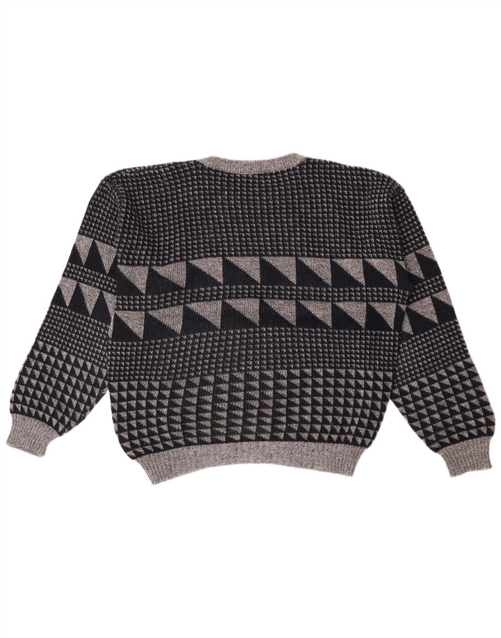 Vintage herre rund hals sweater stor grå geometrisk