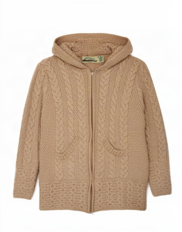 Aran Crafts Womens Hooded Cardigan Sweater UK 6 XS Beige Merino Wool