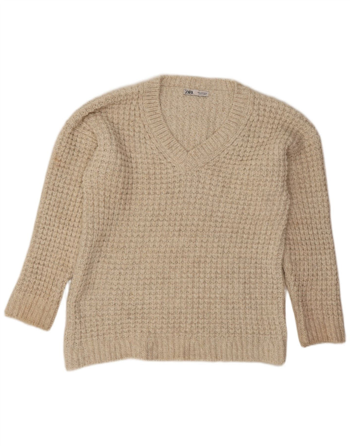 Zara Dame Oversized V-hals sweater UK 14 Medium Beige Akryl