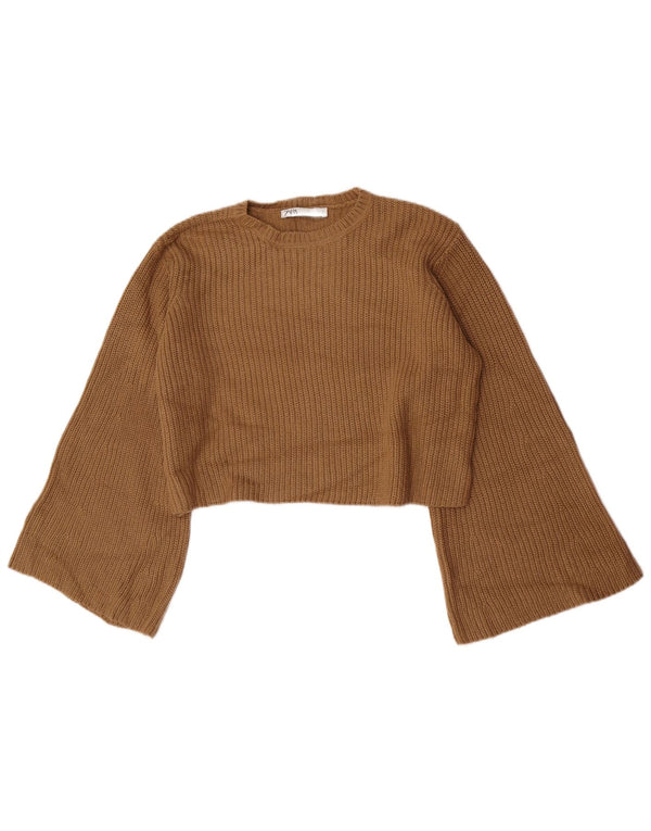 Zara Womens Crop Crew Neck Jumper Sweater UK 14 Medium Beige Akryl