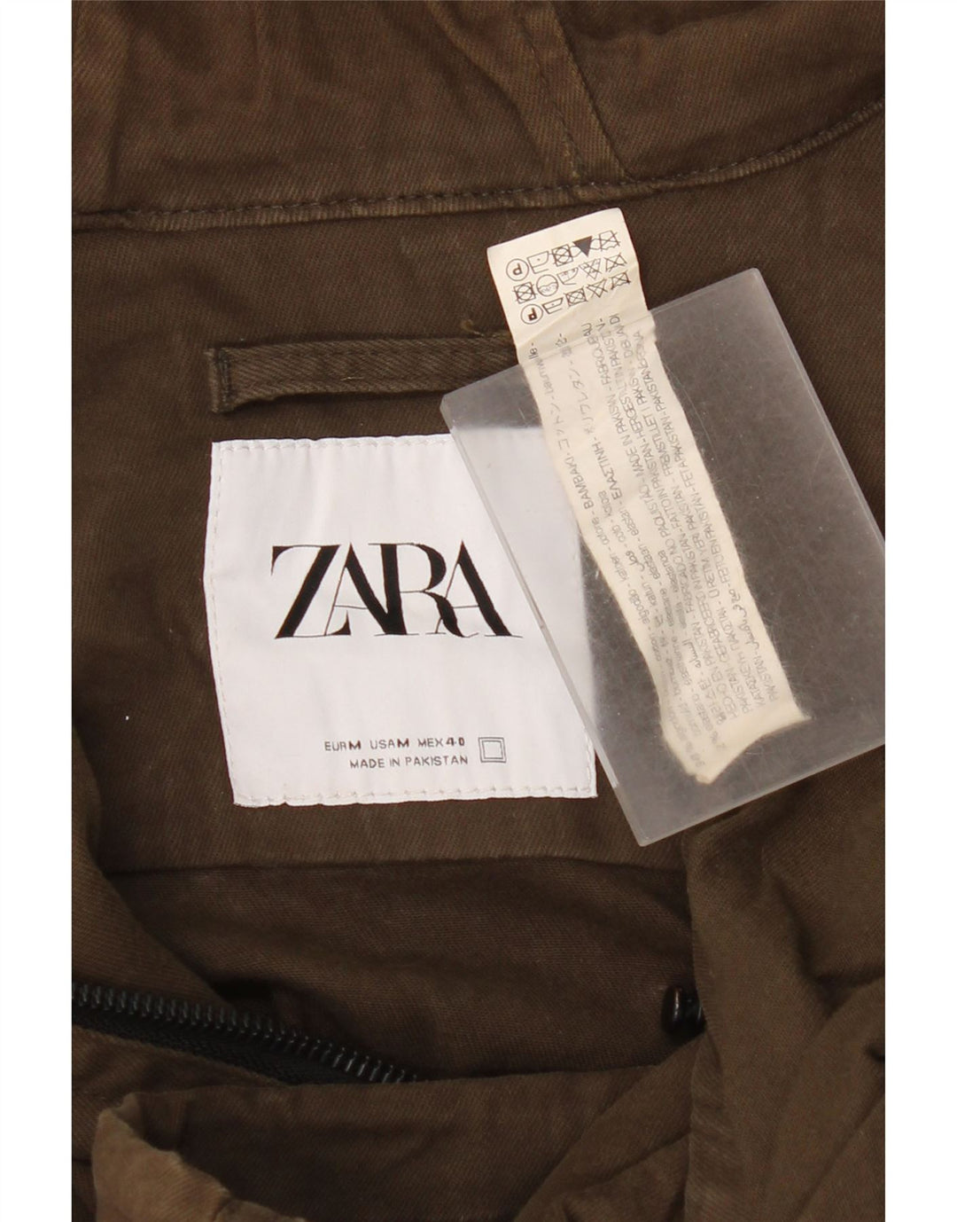 Zara Herre Hooded Bomber Jacket UK 38 Medium Khaki Cotton