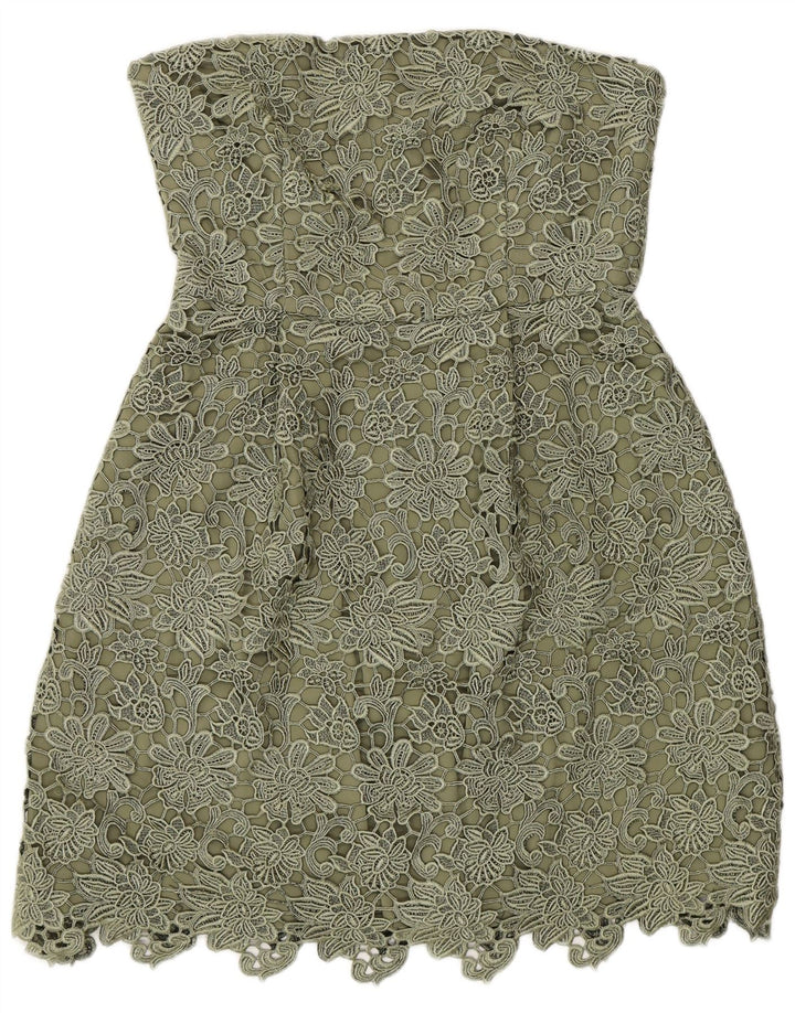 Reiss Dame Stropløs Kjole UK 12 Medium Green Floral Polyester