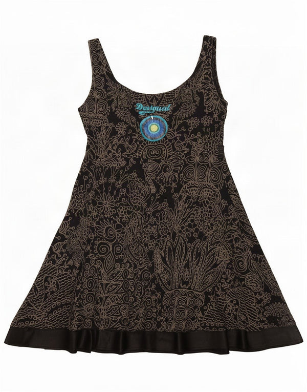 Desigual Dame Ærmeløs A-Line Kjole UK 18 XL Sort Paisley Bomuld
