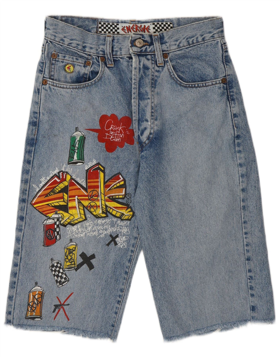 Energie Kvinder Graffiti Graphic Bermuda Denim Shorts W28 Medium Blue