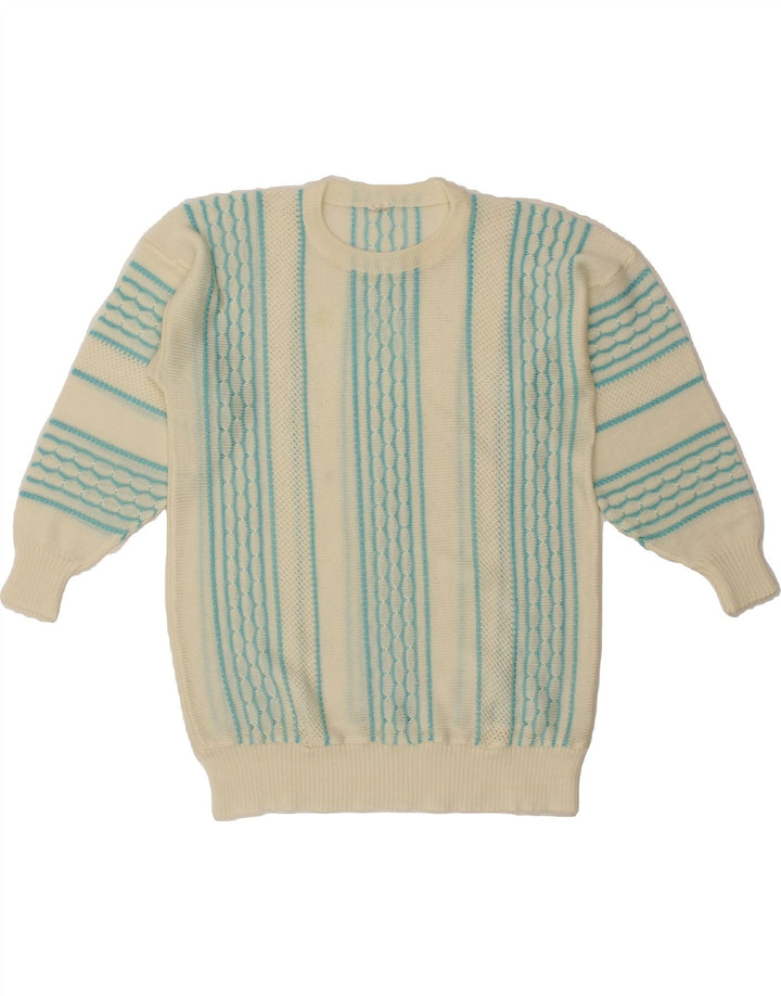 VINTAGE Womens Crew Neck Jumper Sweater UK 12 Medium Off White Striped Vintage Vintage and Second-Hand Vintage from Messina Hembry 