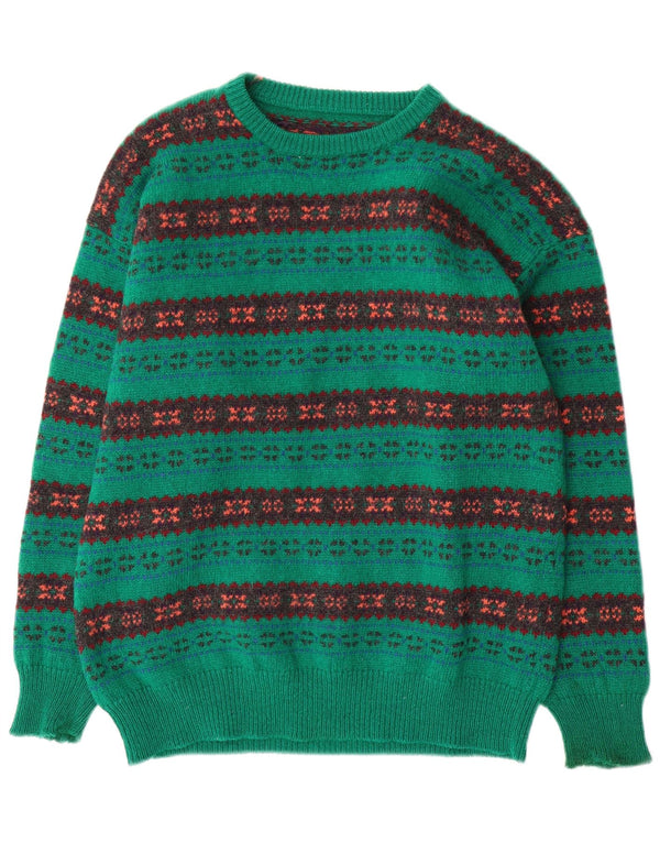 Vintage Herre Crew Neck Jumper Sweater Large Green Fair Isle Wool