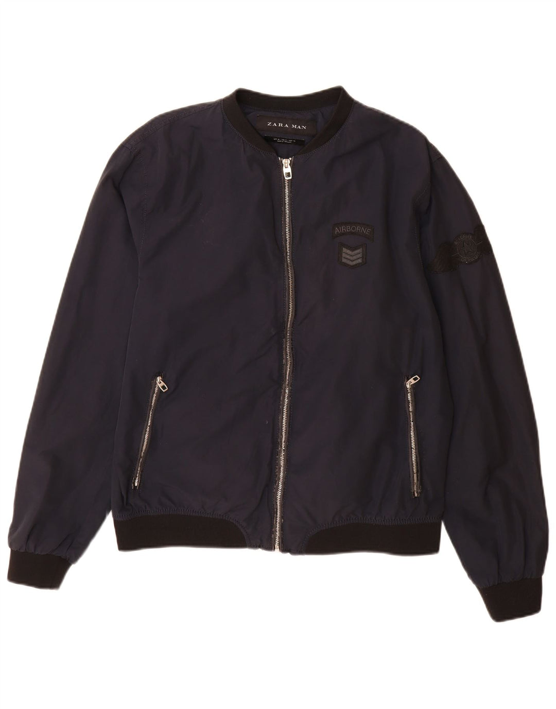 Zara Herre Bomber Jacket UK 42 XL Navy Blue Colourblock Bomuld