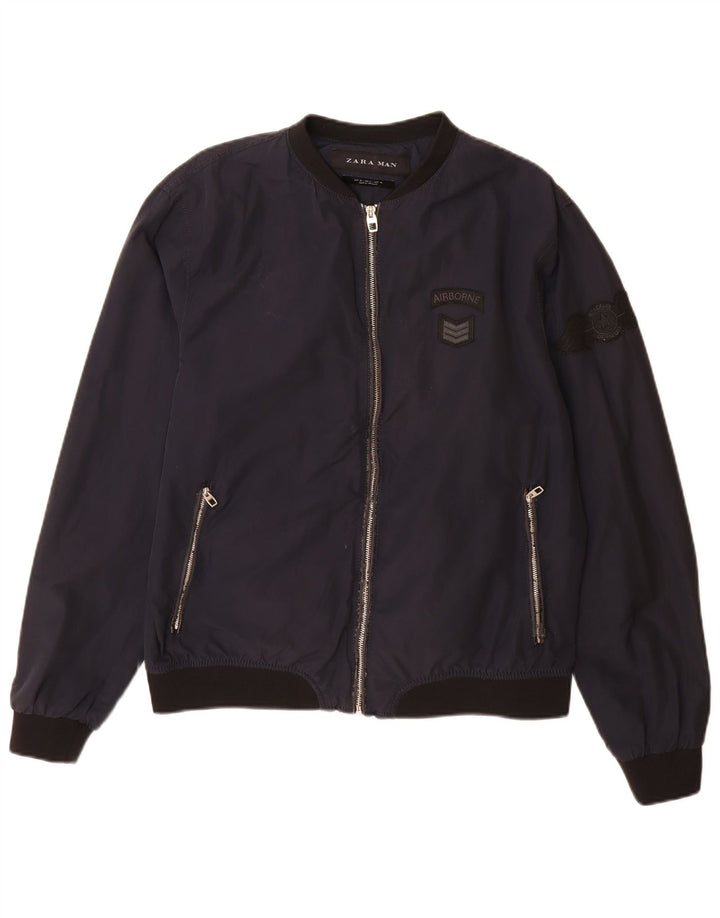 Zara Herre Bomber Jacket UK 42 XL Navy Blue Colourblock Bomuld