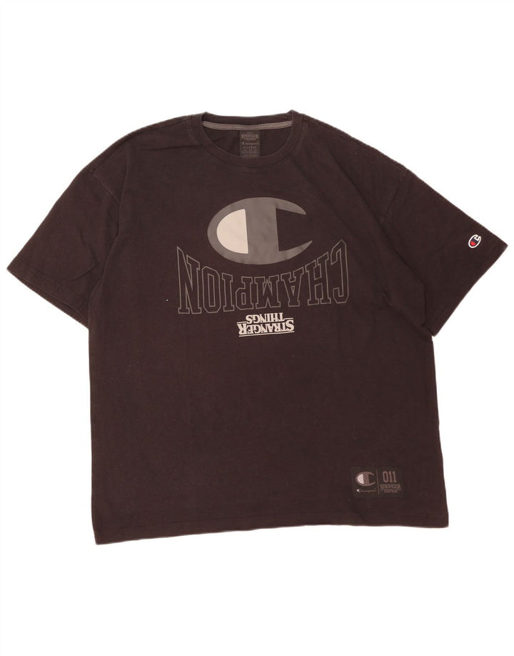 Champion Herre Stranger Things Grafisk T-Shirt Top XL Sort
