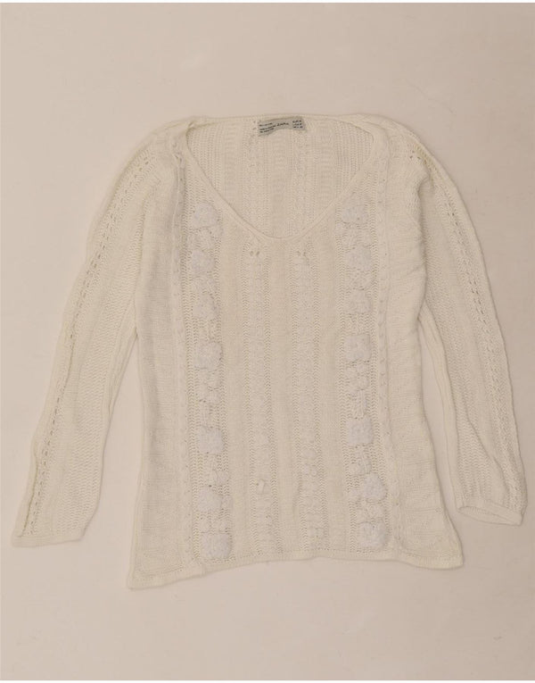 Zara Dame V-hals sweater UK 12 Medium Off White Blomsterbomuld