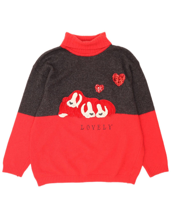 Vintage Dame grafisk rullehals sweater UK 18 XL Rød Colourblock